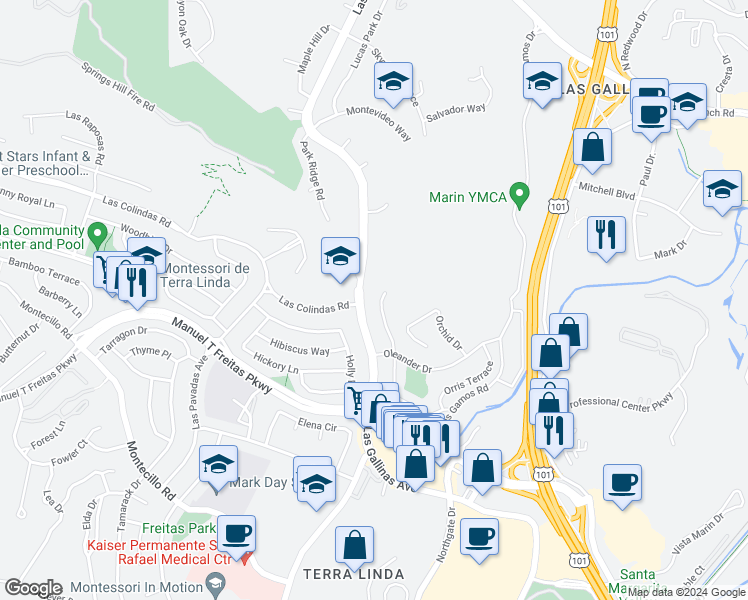 map of restaurants, bars, coffee shops, grocery stores, and more near 369 Orange Blossom Lane in San Rafael