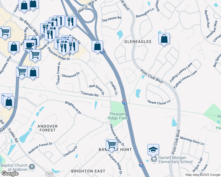 map of restaurants, bars, coffee shops, grocery stores, and more near 1412 Pleasant Ridge Drive in Lexington