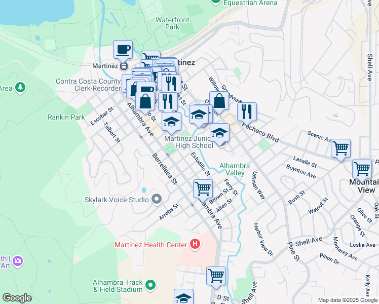 map of restaurants, bars, coffee shops, grocery stores, and more near 1336 Estudillo Street in Martinez
