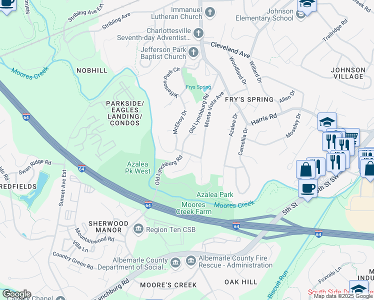 map of restaurants, bars, coffee shops, grocery stores, and more near 303 Middleton Lane in Charlottesville