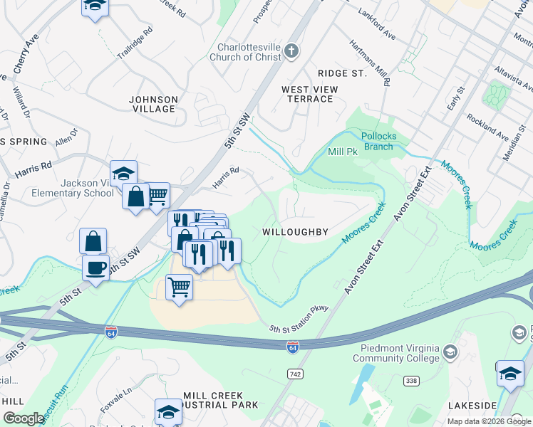 map of restaurants, bars, coffee shops, grocery stores, and more near 112 Quince Lane in Charlottesville