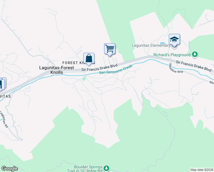 map of restaurants, bars, coffee shops, grocery stores, and more near 20 Forest Drive in Forest Knolls