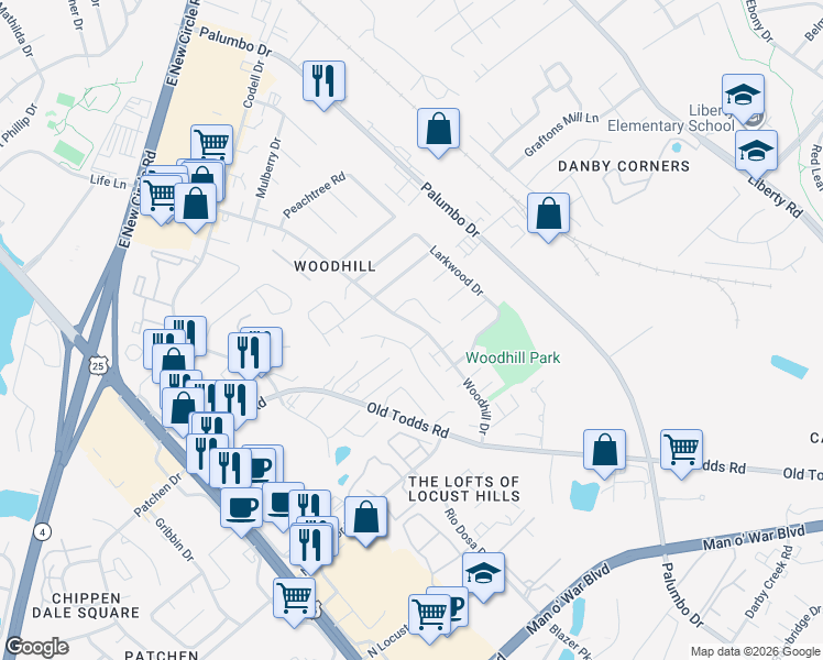 map of restaurants, bars, coffee shops, grocery stores, and more near 212 Tipchik Drive in Lexington