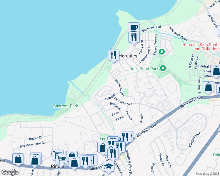 map of restaurants, bars, coffee shops, grocery stores, and more near 157 O'Neil Circle in Hercules