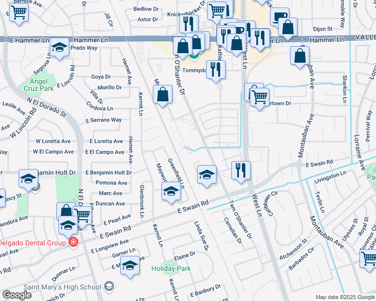map of restaurants, bars, coffee shops, grocery stores, and more near 6688 Danny Drive in Stockton