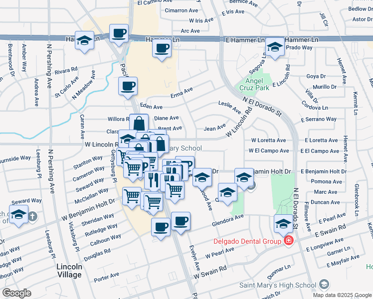map of restaurants, bars, coffee shops, grocery stores, and more near 7007 Inglewood Avenue in Stockton