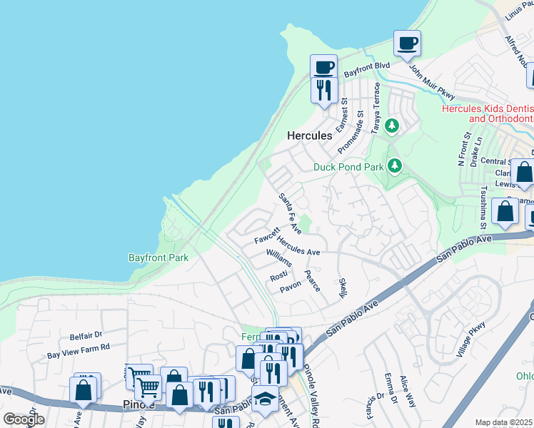 map of restaurants, bars, coffee shops, grocery stores, and more near 157 O'Neil Circle in Hercules