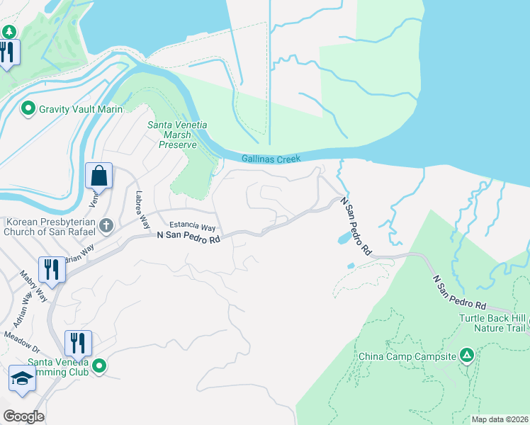 map of restaurants, bars, coffee shops, grocery stores, and more near 12 Point Gallinas Road in San Rafael