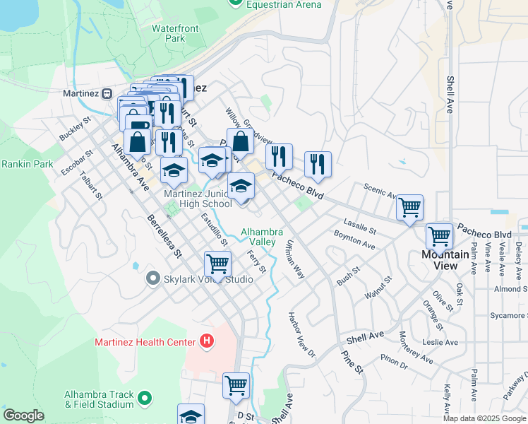 map of restaurants, bars, coffee shops, grocery stores, and more near 1002 Warren Street in Martinez