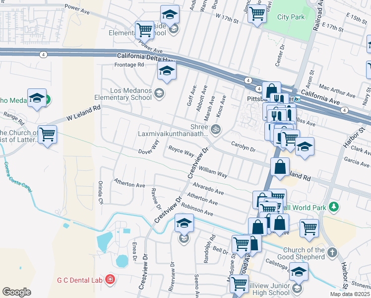 map of restaurants, bars, coffee shops, grocery stores, and more near 233 Royce Way in Pittsburg