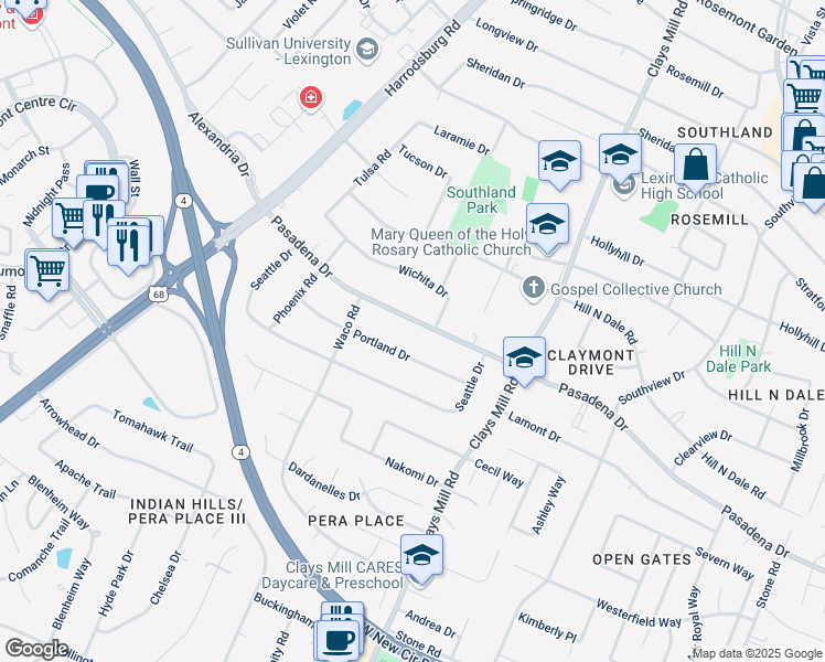 map of restaurants, bars, coffee shops, grocery stores, and more near 621 Portland Drive in Lexington