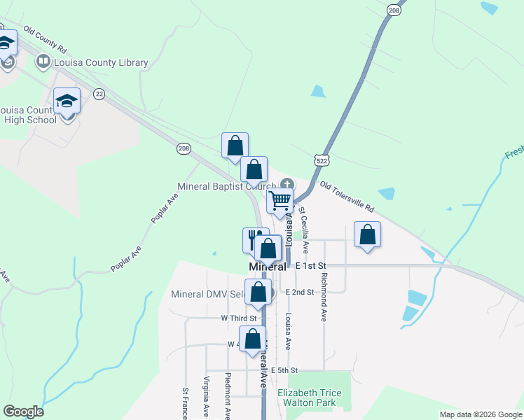 map of restaurants, bars, coffee shops, grocery stores, and more near 22 Davis Highway in Mineral