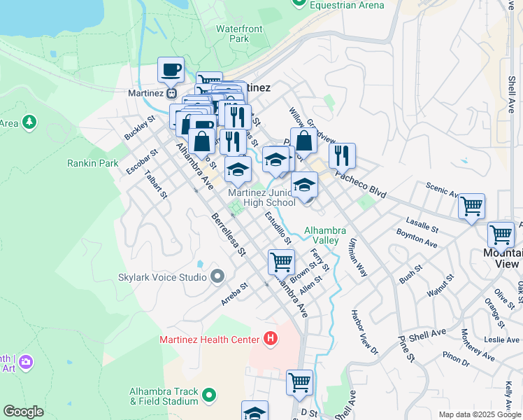 map of restaurants, bars, coffee shops, grocery stores, and more near 1332 Estudillo Street in Martinez