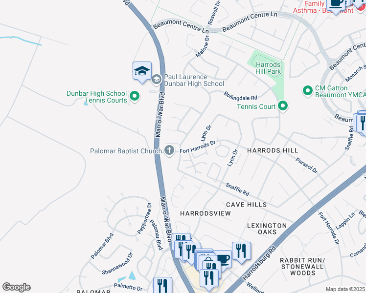 map of restaurants, bars, coffee shops, grocery stores, and more near 3396 Malone Drive in Lexington
