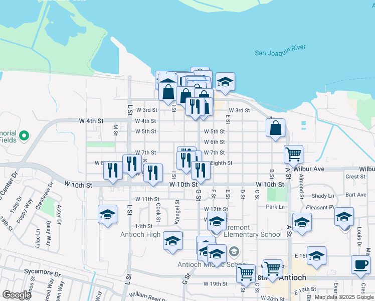 map of restaurants, bars, coffee shops, grocery stores, and more near 618 West 7th Street in Antioch