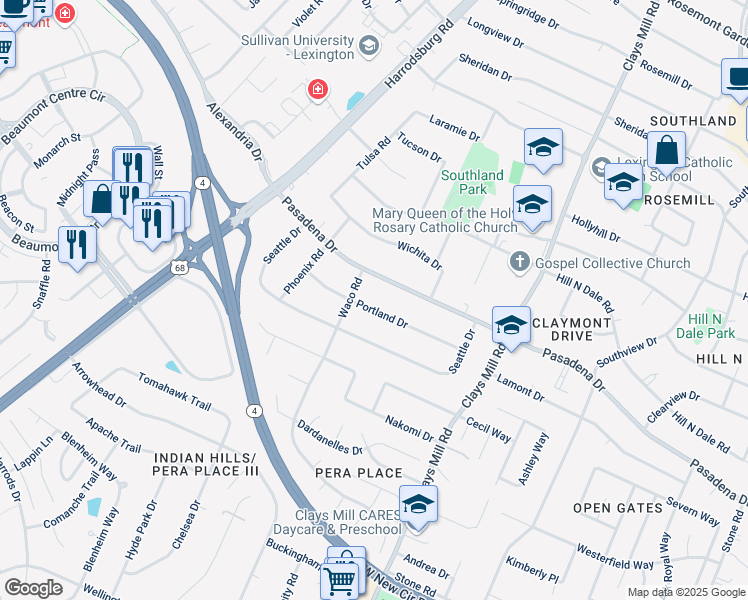 map of restaurants, bars, coffee shops, grocery stores, and more near 630 Portland Drive in Lexington