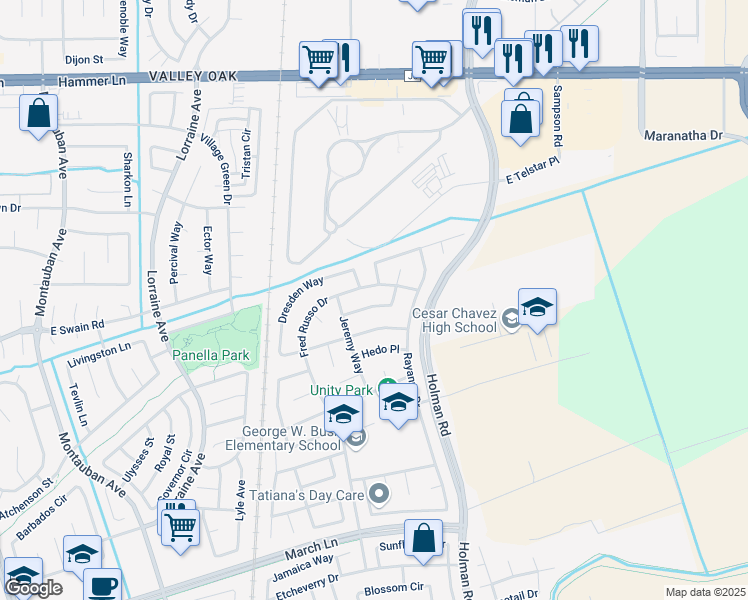map of restaurants, bars, coffee shops, grocery stores, and more near 2830 Sebastan Lane in Stockton