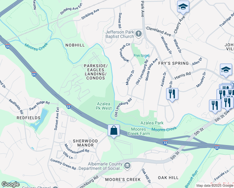 map of restaurants, bars, coffee shops, grocery stores, and more near 2746 McElroy Drive in Charlottesville