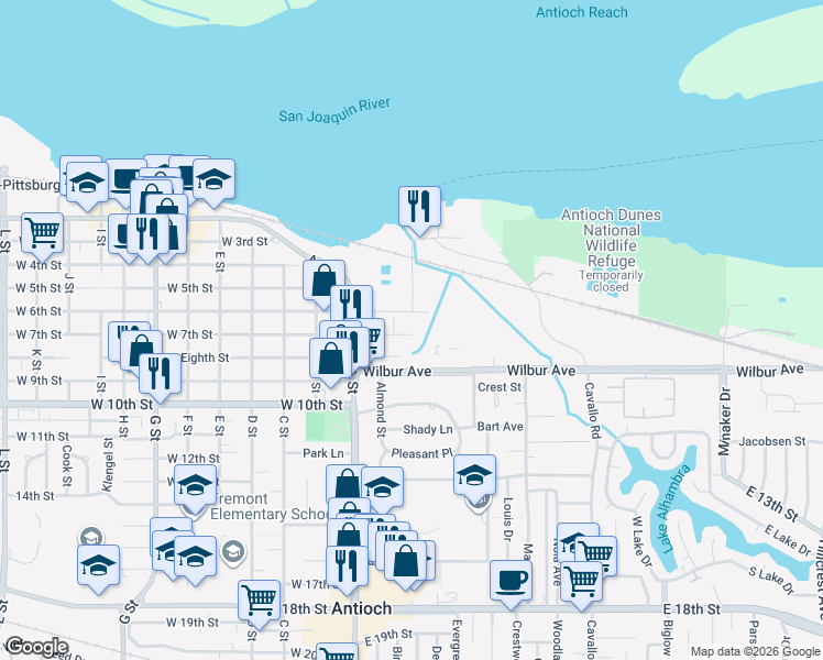map of restaurants, bars, coffee shops, grocery stores, and more near 129 East 7th Street in Antioch