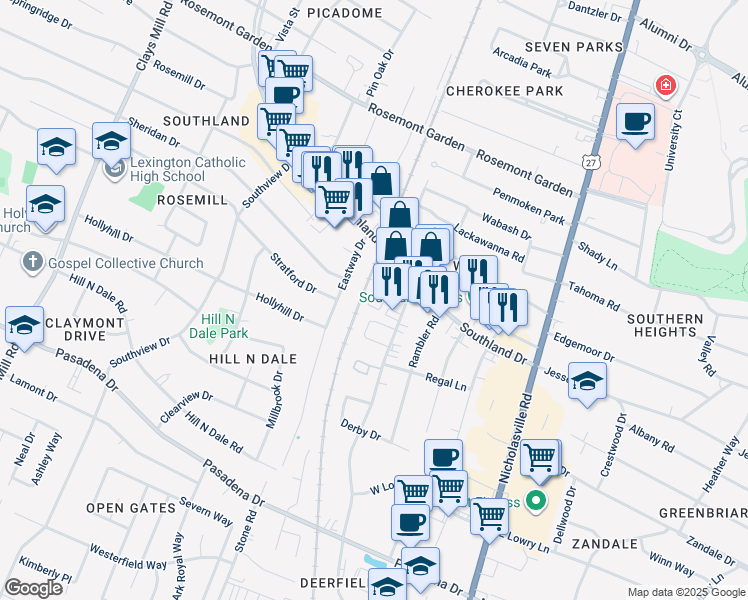 map of restaurants, bars, coffee shops, grocery stores, and more near 241 Regency Circle in Lexington