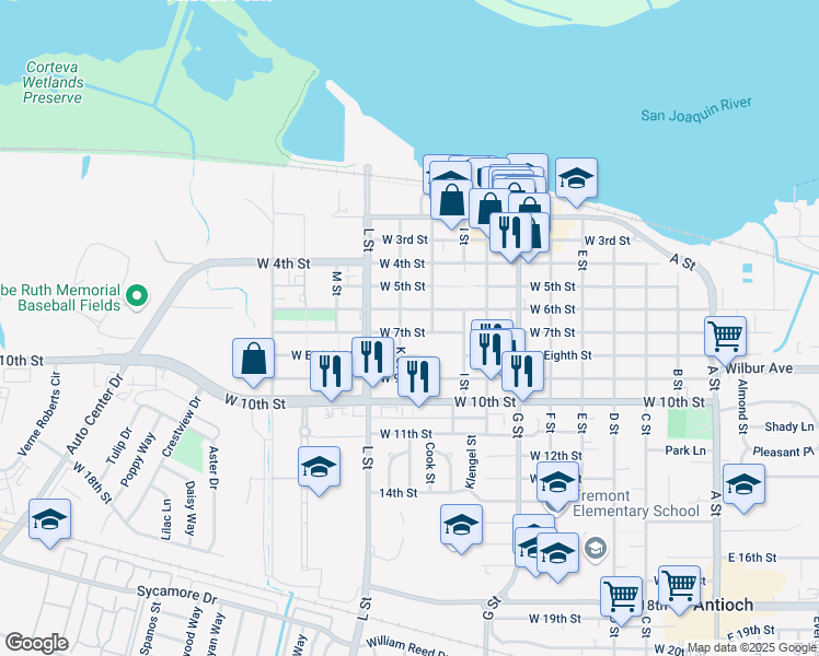 map of restaurants, bars, coffee shops, grocery stores, and more near 918 West 7th Street in Antioch