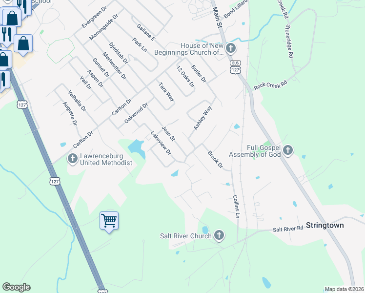 map of restaurants, bars, coffee shops, grocery stores, and more near 215 Jean Street in Lawrenceburg