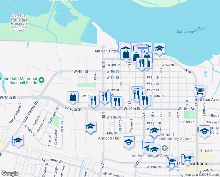 map of restaurants, bars, coffee shops, grocery stores, and more near 1006 West 7th Street in Antioch