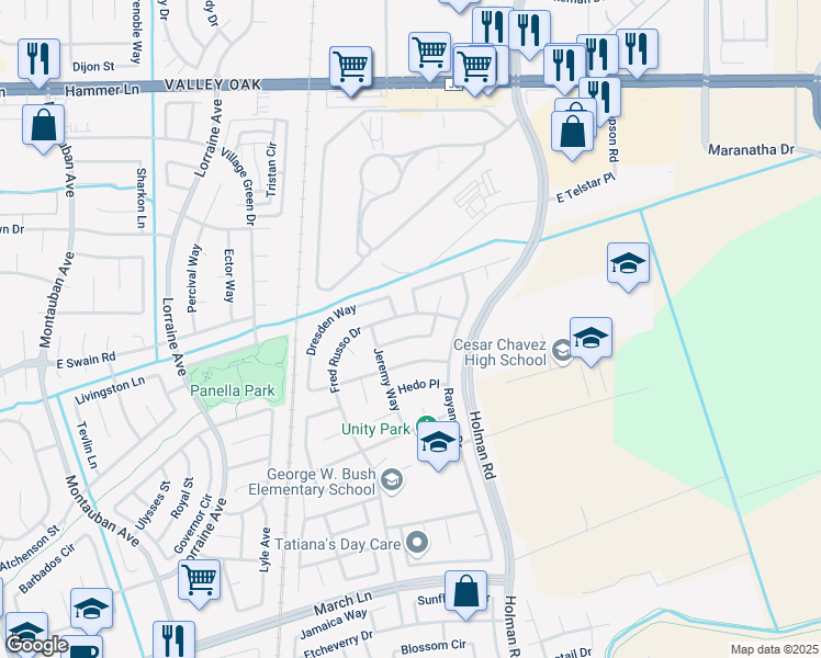 map of restaurants, bars, coffee shops, grocery stores, and more near 2830 Sebastan Lane in Stockton