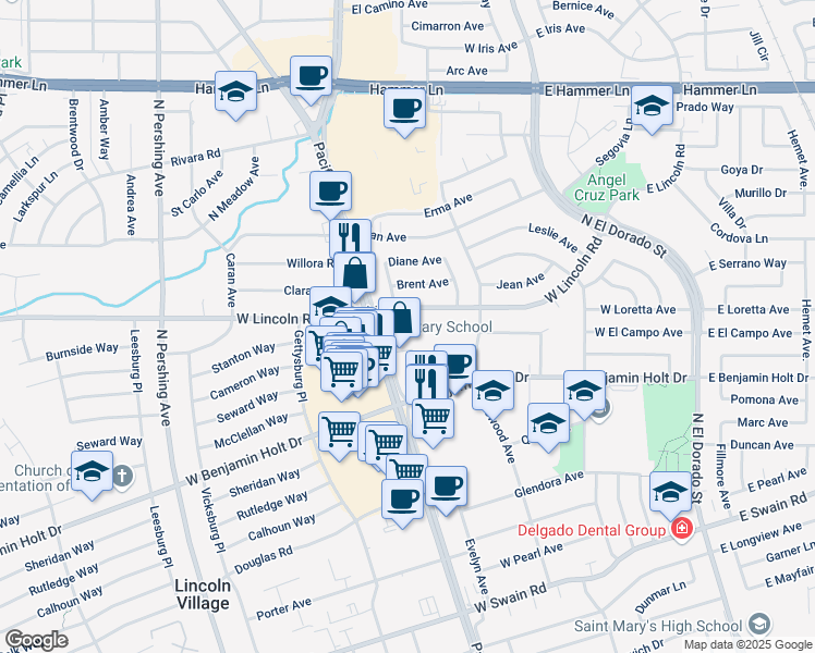 map of restaurants, bars, coffee shops, grocery stores, and more near 6836 Pacific Avenue in Stockton