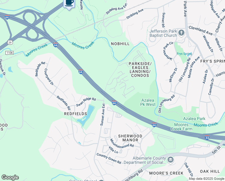map of restaurants, bars, coffee shops, grocery stores, and more near Silverbell Court in Charlottesville