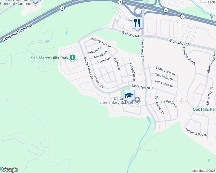 map of restaurants, bars, coffee shops, grocery stores, and more near 2569 Tampico Drive in Bay Point