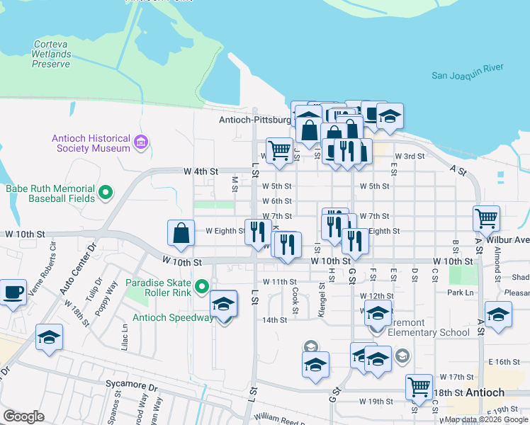 map of restaurants, bars, coffee shops, grocery stores, and more near in Antioch