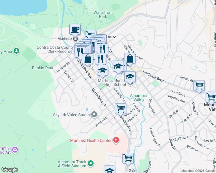 map of restaurants, bars, coffee shops, grocery stores, and more near 1301 Alhambra Avenue in Martinez
