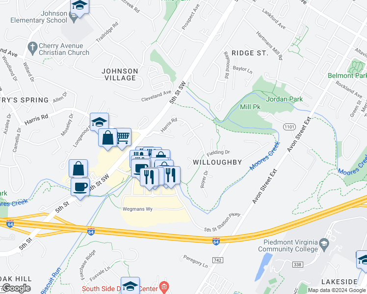map of restaurants, bars, coffee shops, grocery stores, and more near 113 Loma Lane in Charlottesville