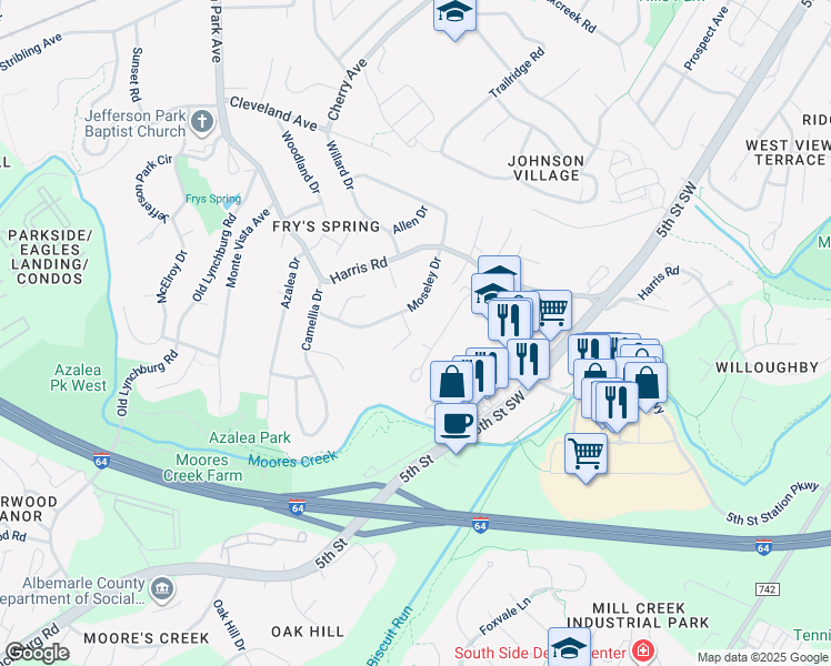 map of restaurants, bars, coffee shops, grocery stores, and more near Flint Drive in Charlottesville