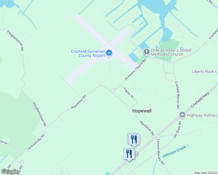 map of restaurants, bars, coffee shops, grocery stores, and more near 4810 Jacksonville Road in Crisfield