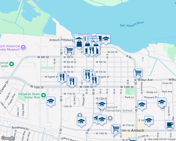 map of restaurants, bars, coffee shops, grocery stores, and more near 618 West 7th Street in Antioch