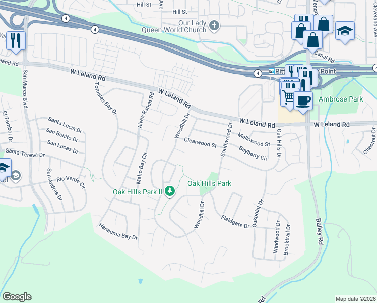 map of restaurants, bars, coffee shops, grocery stores, and more near 17 Burlwood Court in Pittsburg