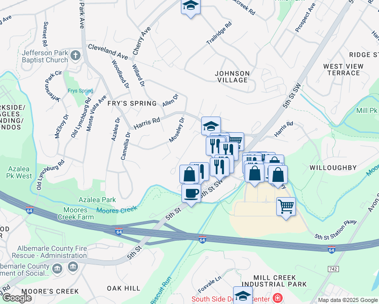 map of restaurants, bars, coffee shops, grocery stores, and more near 114 Longwood Drive in Charlottesville