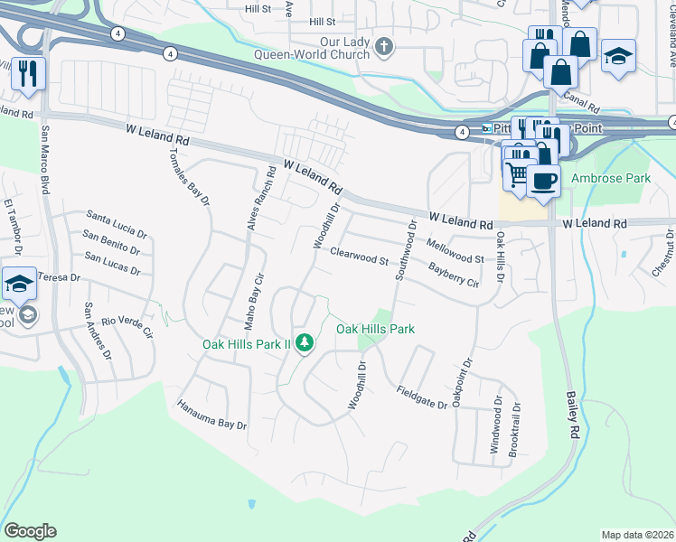 map of restaurants, bars, coffee shops, grocery stores, and more near 17 Burlwood Court in Pittsburg