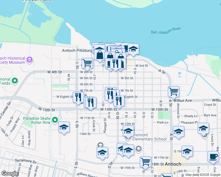 map of restaurants, bars, coffee shops, grocery stores, and more near 618 West 7th Street in Antioch