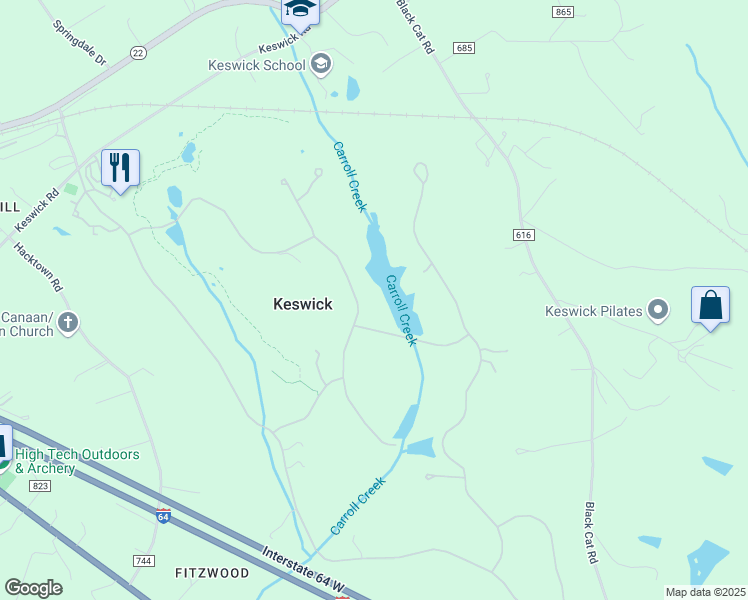 map of restaurants, bars, coffee shops, grocery stores, and more near 4040 Fairway Drive in Keswick