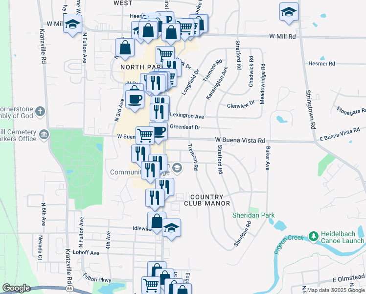 map of restaurants, bars, coffee shops, grocery stores, and more near 618 Sheridan Rd in Evansville