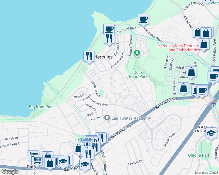 map of restaurants, bars, coffee shops, grocery stores, and more near 112 Staples in Hercules
