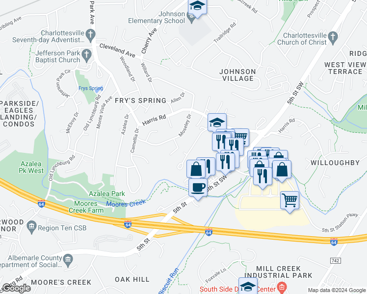 map of restaurants, bars, coffee shops, grocery stores, and more near 306 Flint Drive in Charlottesville