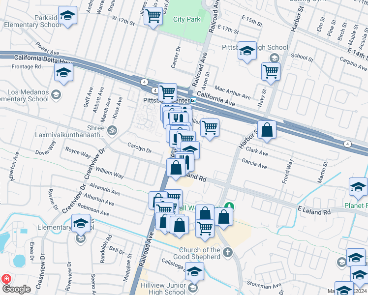 map of restaurants, bars, coffee shops, grocery stores, and more near 2221 Railroad Avenue in Pittsburg