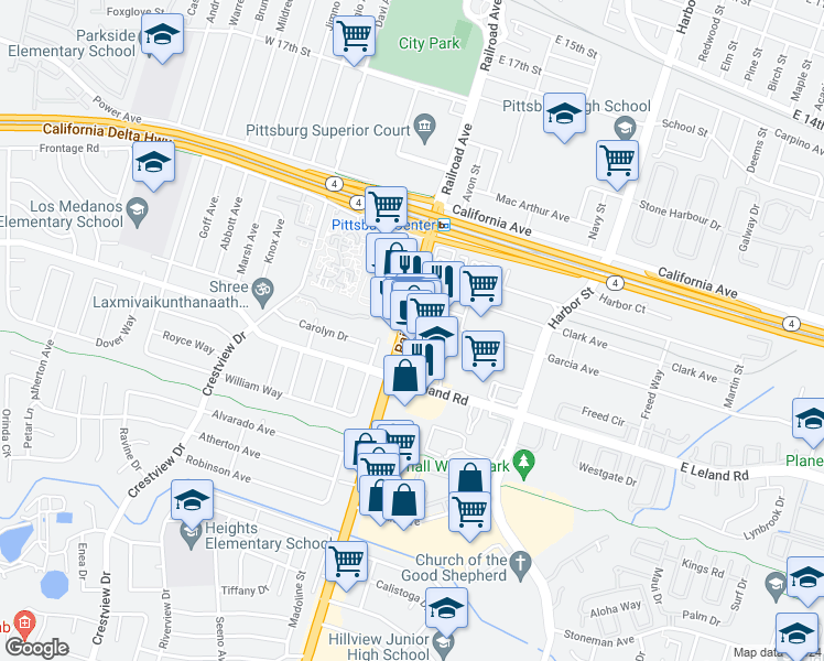 map of restaurants, bars, coffee shops, grocery stores, and more near 2221 Railroad Avenue in Pittsburg