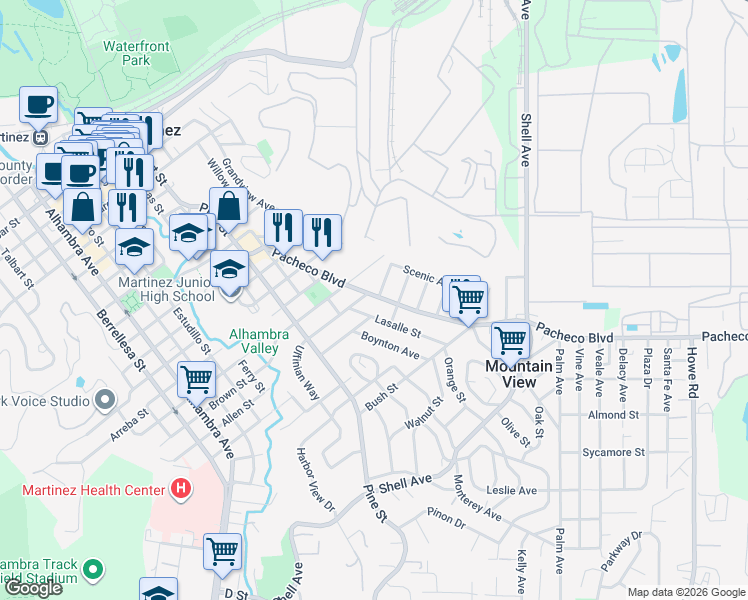 map of restaurants, bars, coffee shops, grocery stores, and more near 1910 Pacheco Boulevard in Martinez