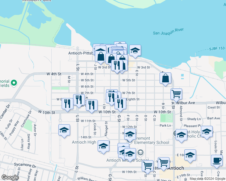 map of restaurants, bars, coffee shops, grocery stores, and more near 712 H Street in Antioch
