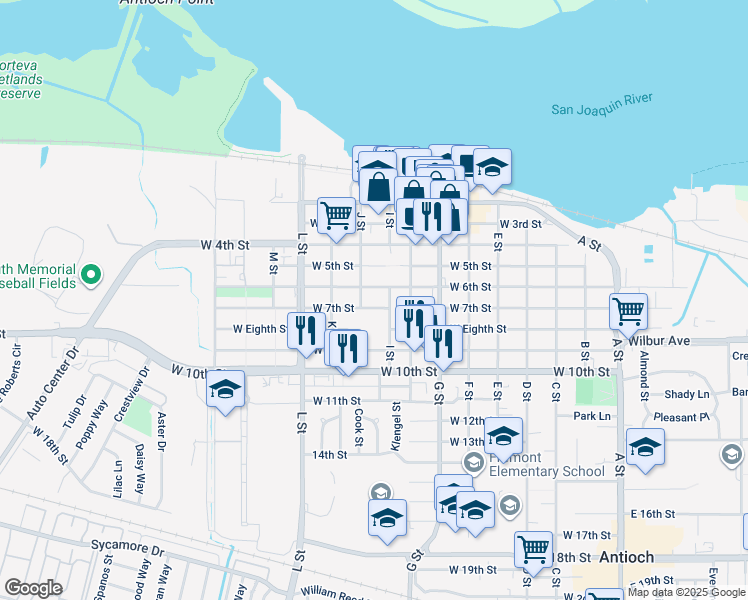 map of restaurants, bars, coffee shops, grocery stores, and more near 712 I Street in Antioch